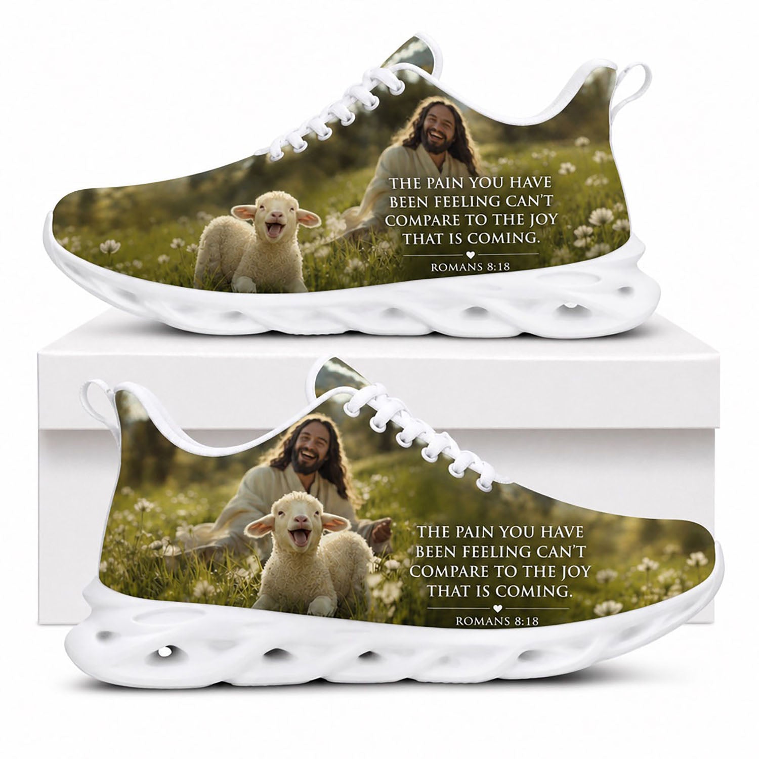 Side view of Custom Name Romans 8 18 Joy Coming Max Soul Shoes in white sole featuring Jesus and lamb design