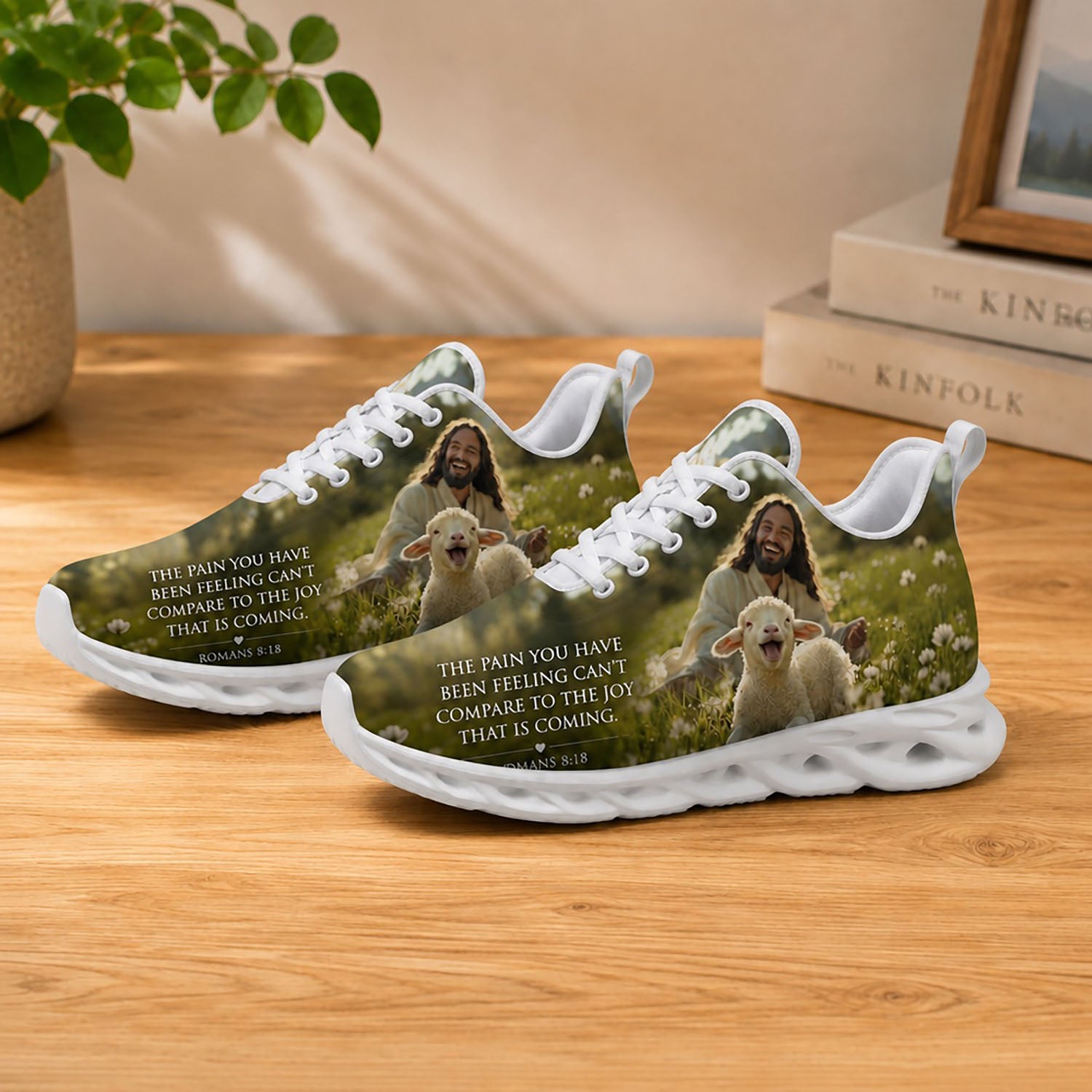 Lifestyle display of Custom Name Romans 8 18 Max Soul shoes with white soles styled on a modern wooden table