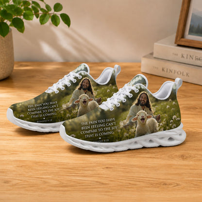 Lifestyle display of Custom Name Romans 8 18 Max Soul shoes with white soles styled on a modern wooden table