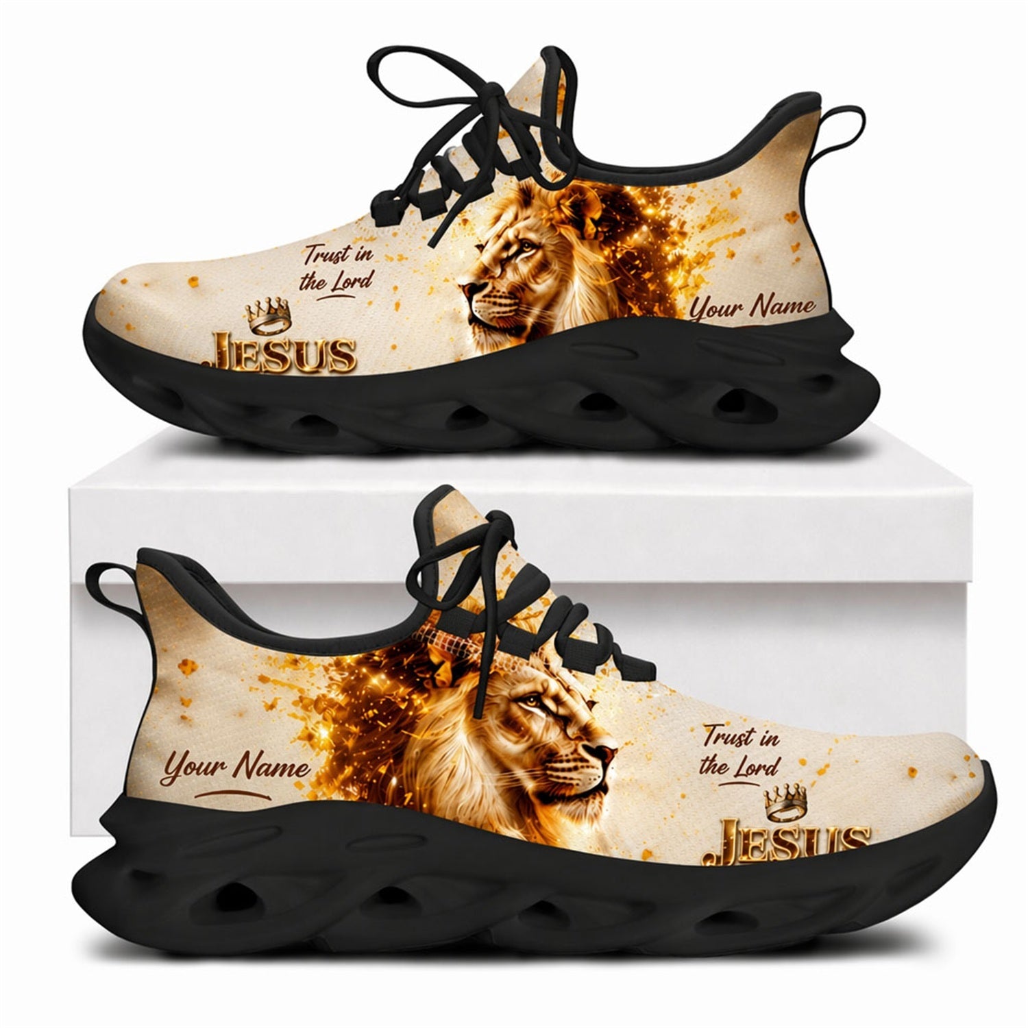 Royal lion of Judah Christian shoes with gold sparkle 3D Jesus text and black wavy athletic soles
