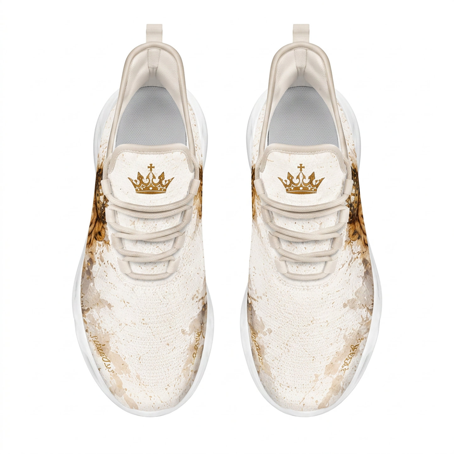 Top view of the custom sneakers showcasing the golden crown with a cross emblem printed on the tongue panel