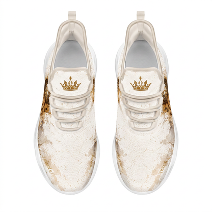 Top view of the custom sneakers showcasing the golden crown with a cross emblem printed on the tongue panel