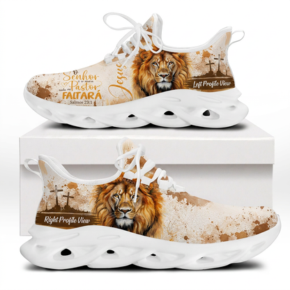 Side views of Custom Name Salmos 23:1 Max Soul Shoes on white soles featuring a realistic lion portrait and three crosses scenery