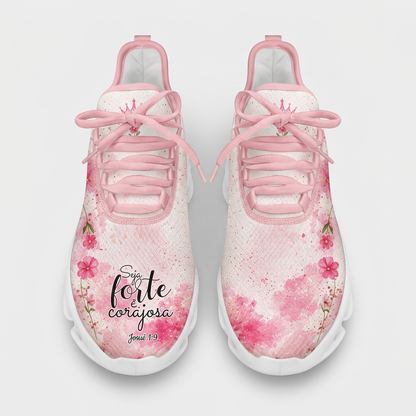 Top-down view of the custom sneakers highlighting the pink watercolor splash gradients, pink laces, and the script text on the toe box