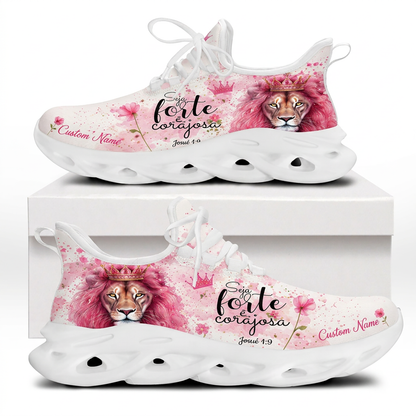 Both side profiles of Custom Name Seja Forte E Corajosa Josue 1:9 Max Soul Shoes on white soles featuring a pink-maned crowned lion and floral watercolor art
