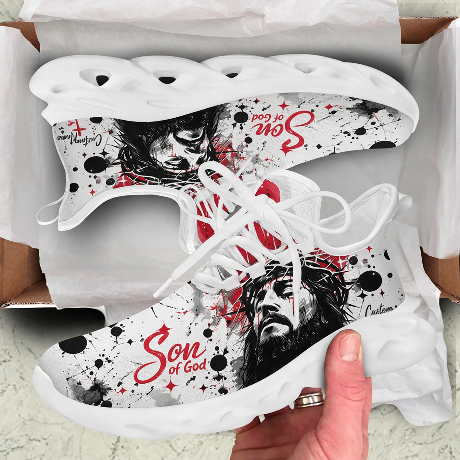 Unboxing presentation of the Son of God Christian shoes inside a cardboard box with tissue paper