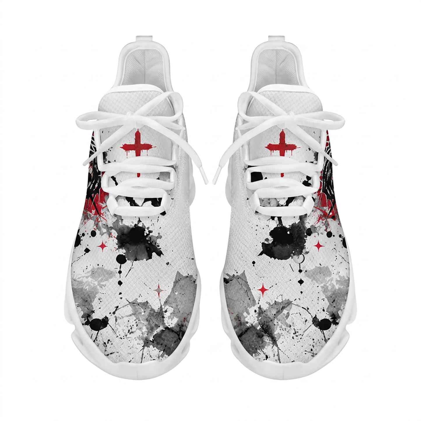 Top-down view of the custom Christian sneakers showing the red cross graphic on the tongue and abstract black ink splatters