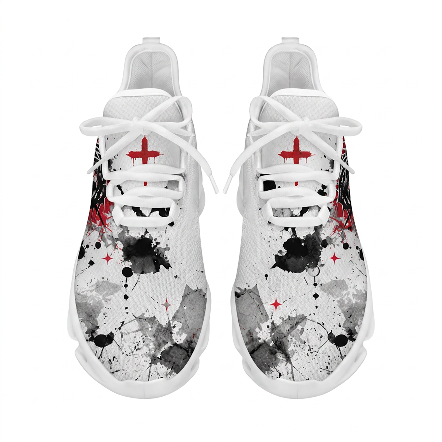 Top-down view of the custom Christian sneakers showing the red cross graphic on the tongue and abstract black ink splatters