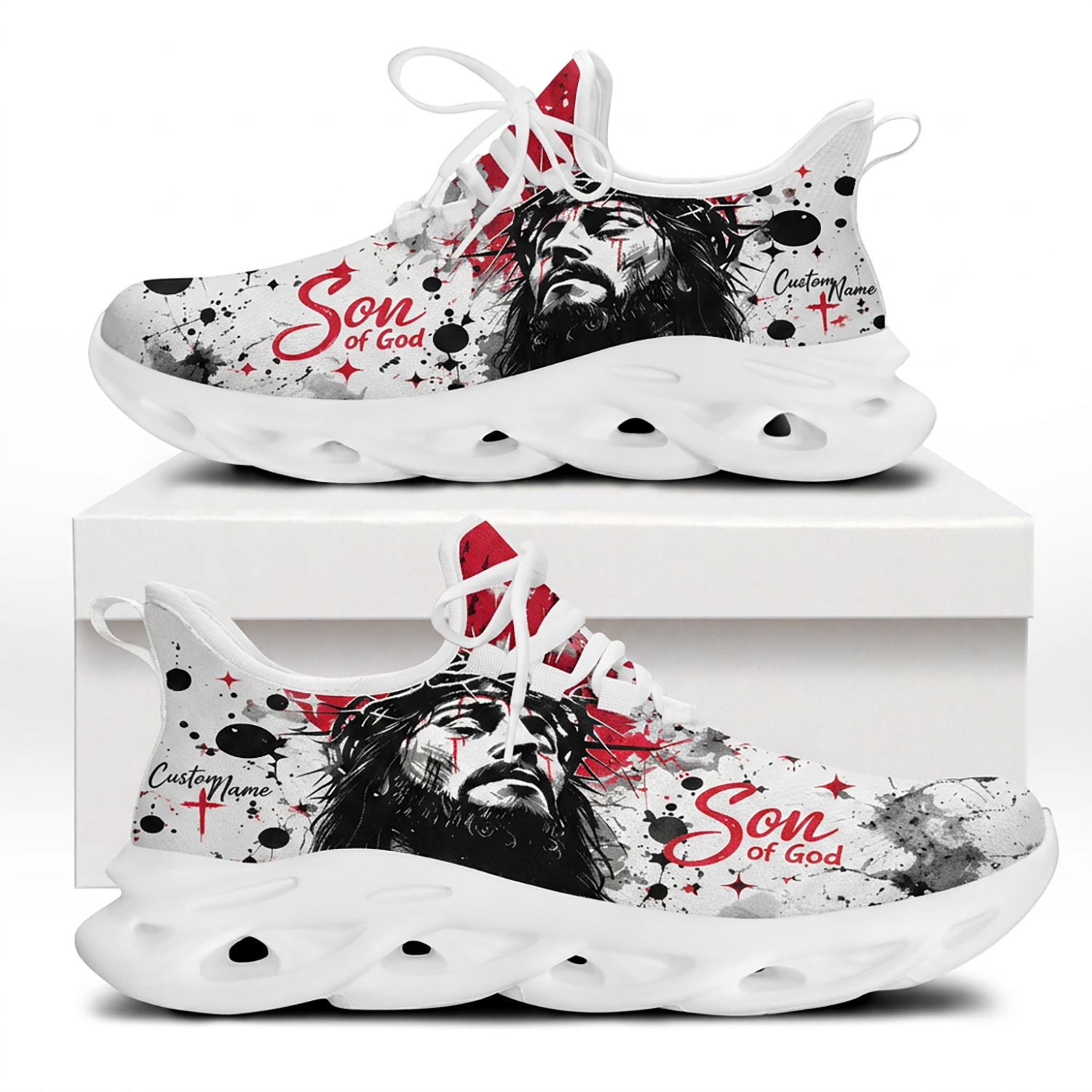 Side profile of Custom Name Son of God Max Soul Shoes on white soles featuring a graphic portrait of Jesus with a crown of thorns and red splash elements