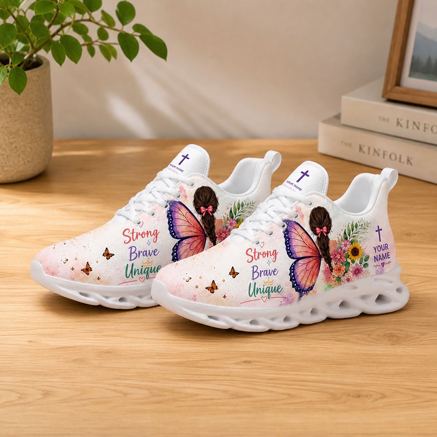 Lifestyle display of Custom Name Strong Brave Unique Max Soul shoes with white soles styled on a wooden table