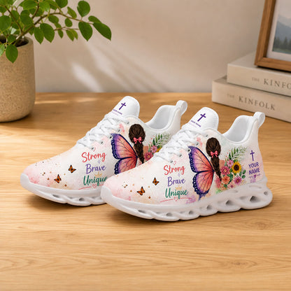 Lifestyle display of Custom Name Strong Brave Unique Max Soul shoes with white soles styled on a wooden table