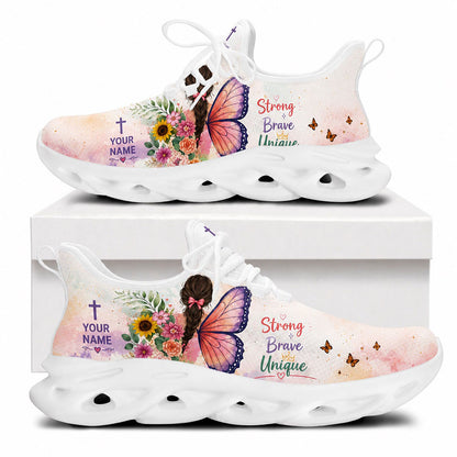 Side view of Custom Name Strong Brave Unique Max Soul Shoes in white sole with inspirational butterfly girl art