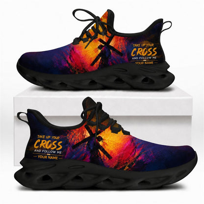 Christian sneakers featuring a "Take Up Your Cross" design with artistic sunset colors on black wavy soles