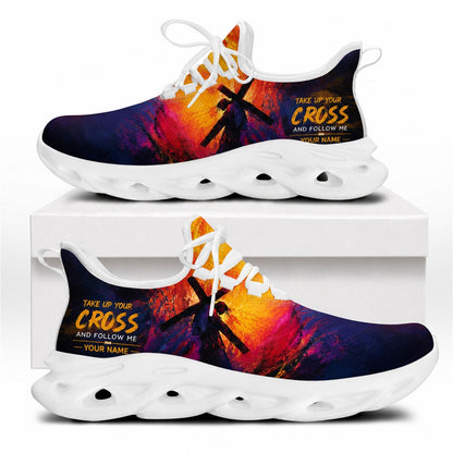 Side view of faith sneakers with "Follow Me" and cross-bearing graphic on white outsoles