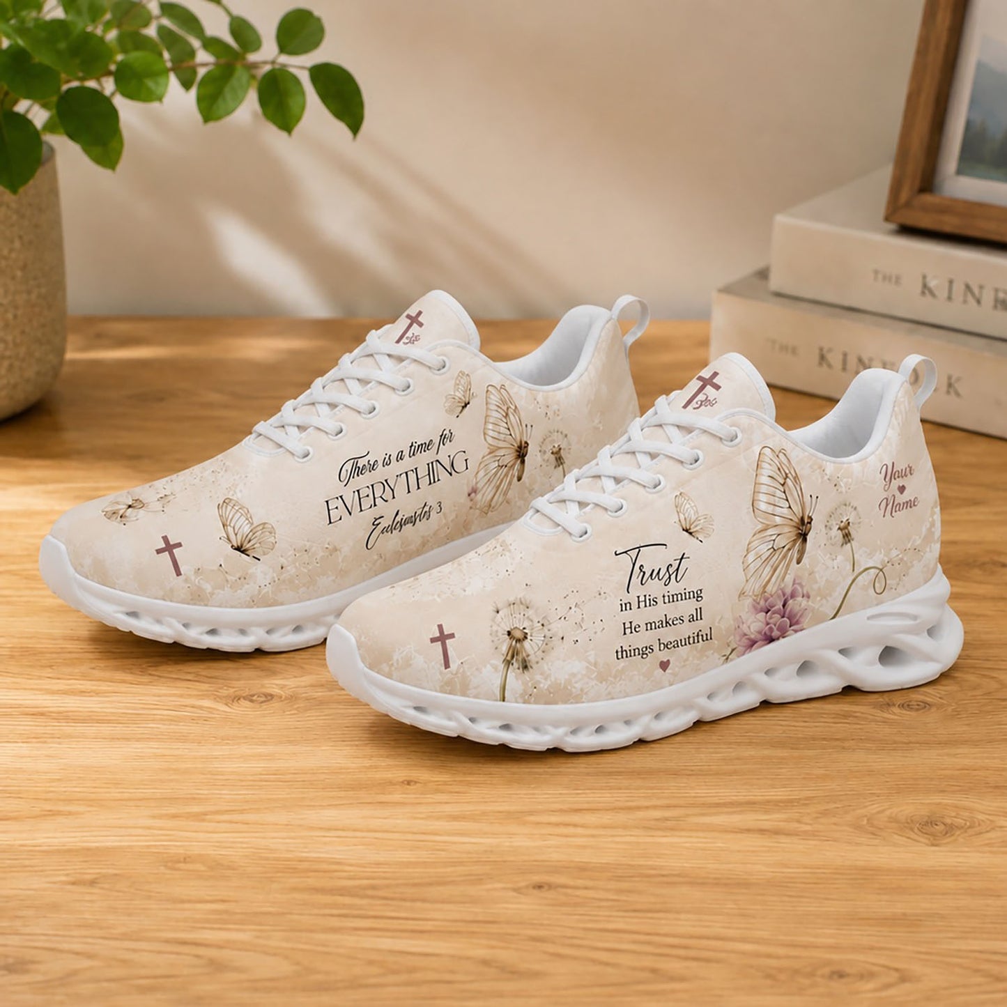 Lifestyle product presentation of Custom Name Ecclesiastes 3 Max Soul shoes with white soles styled on a wooden tabletop