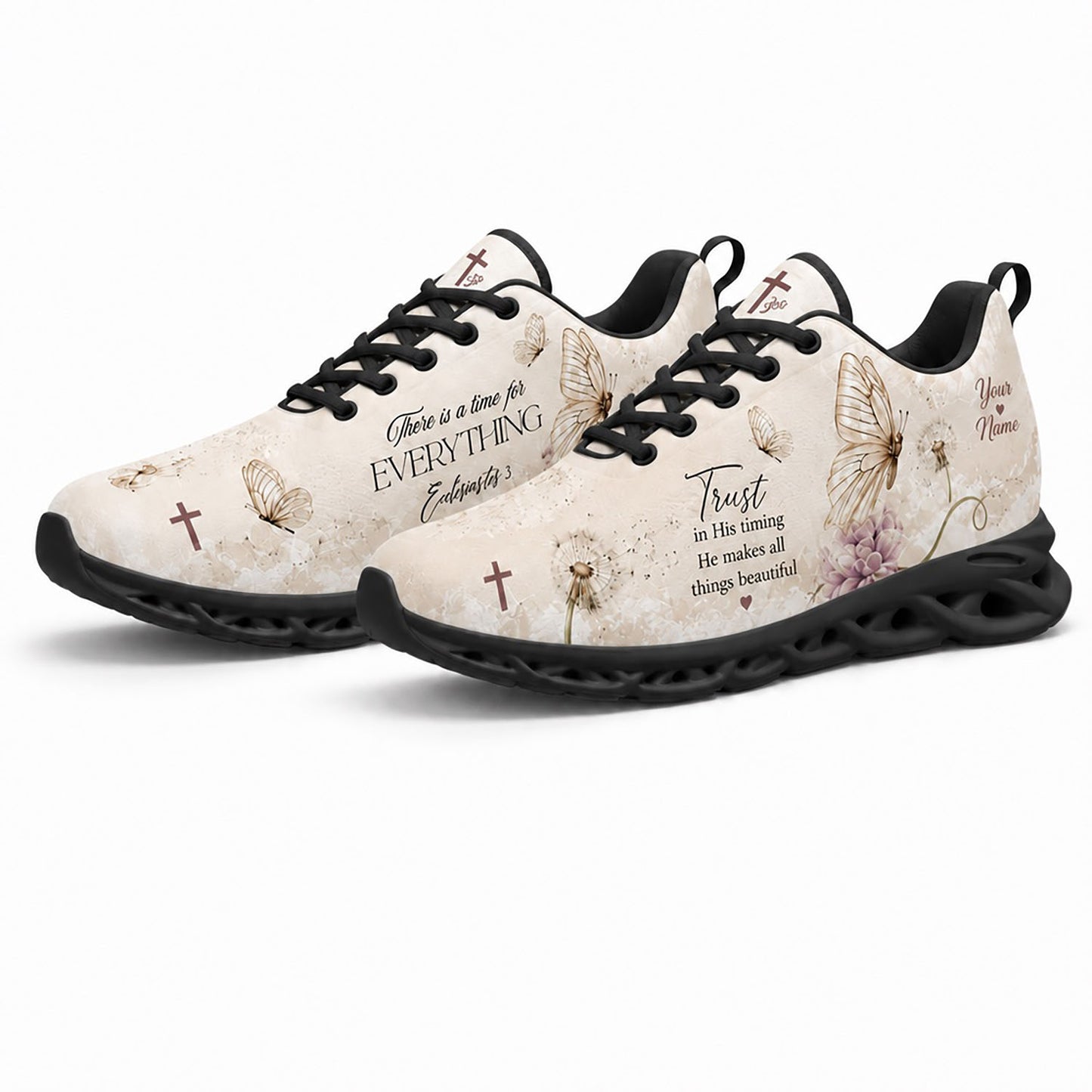 Pair of vintage Bible sneakers featuring a rustic scriptural canvas print with dynamic black traction soles