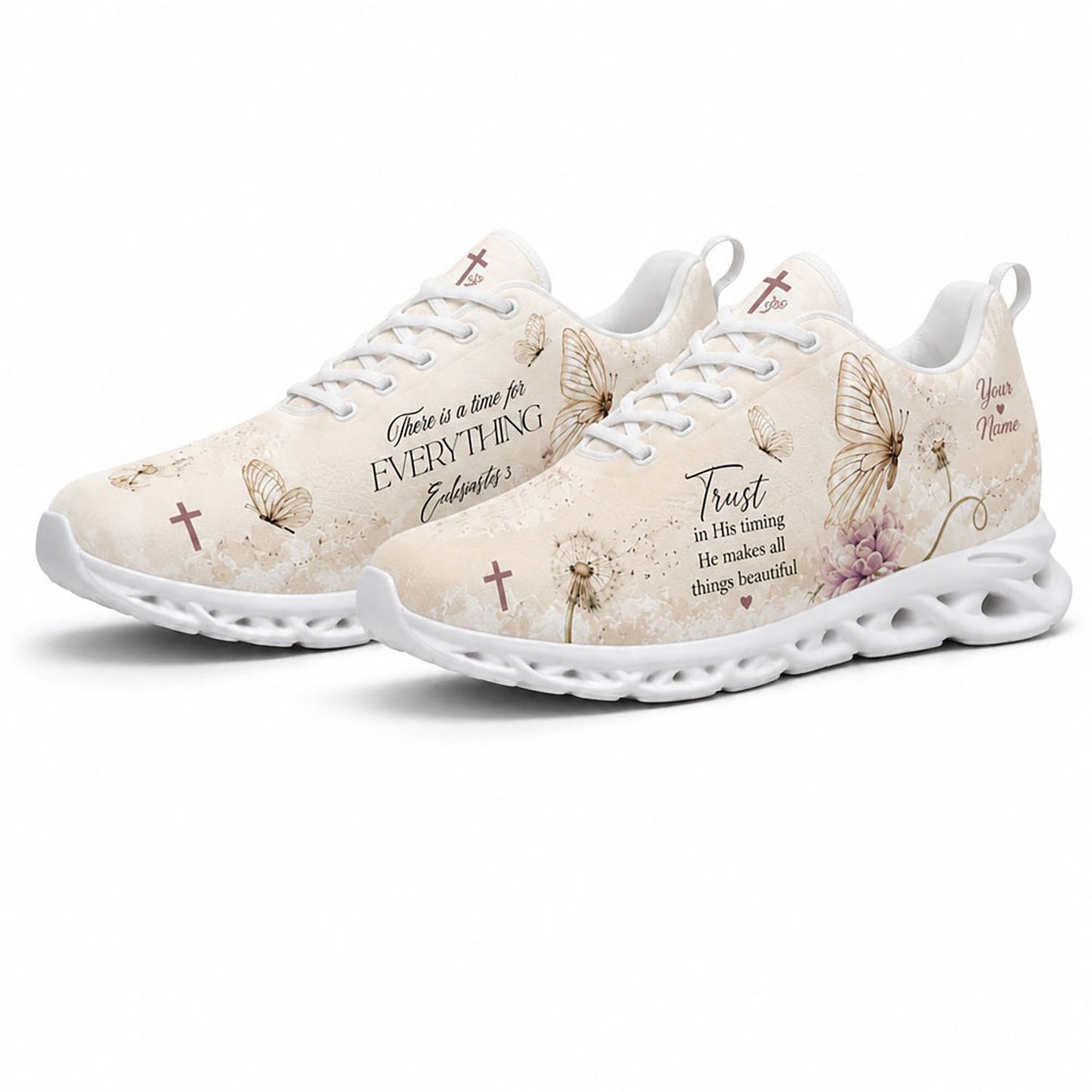 Angled pair of vintage Bible sneakers with cream canvas textures, holy crosses, and scripture quotes on white soles