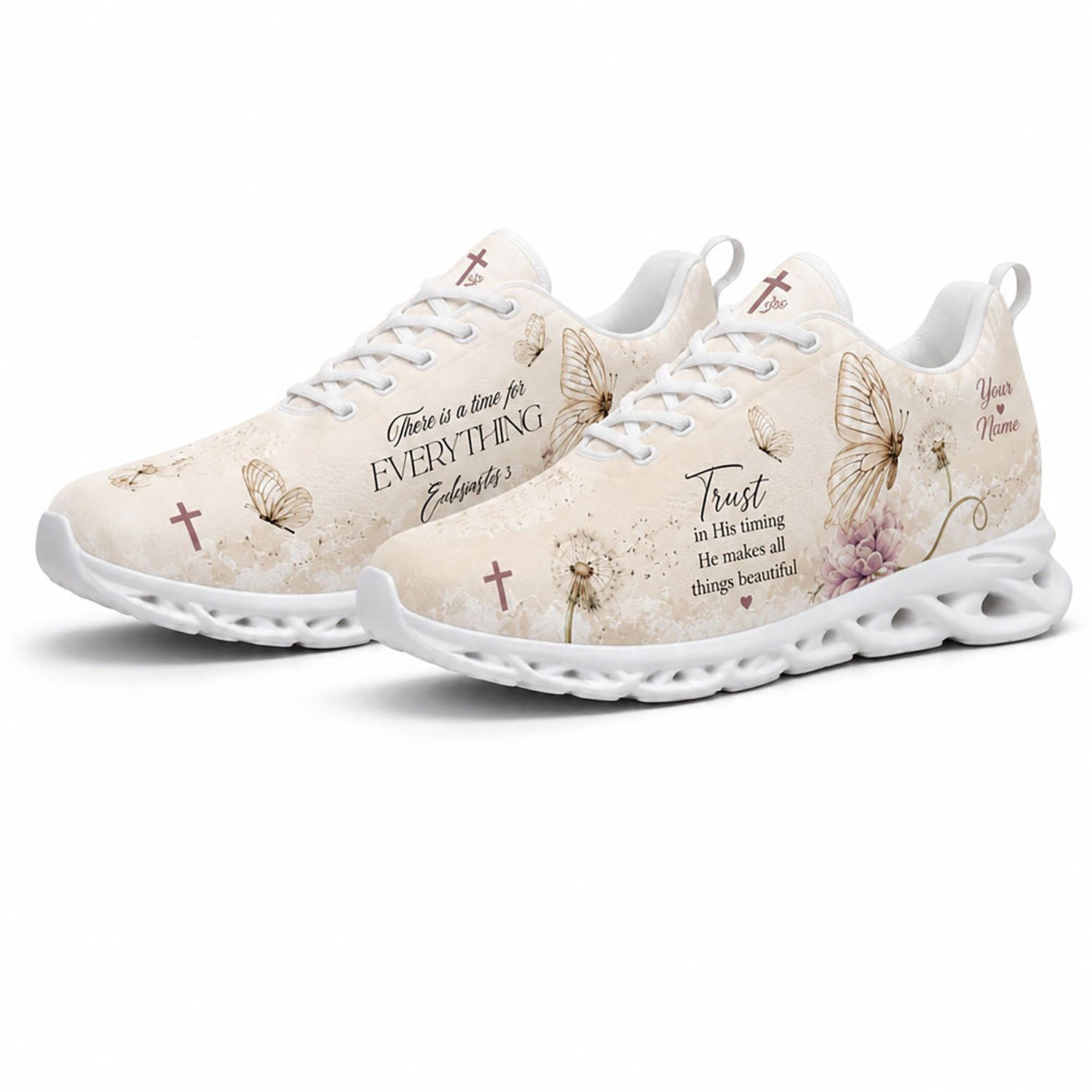 Angled pair of vintage Bible sneakers with cream canvas textures, holy crosses, and scripture quotes on white soles