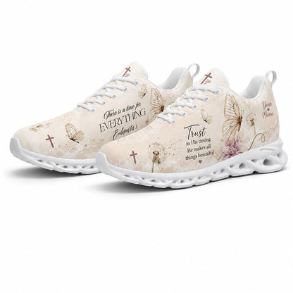 Angled pair of vintage Bible sneakers with cream canvas textures, holy crosses, and scripture quotes on white soles