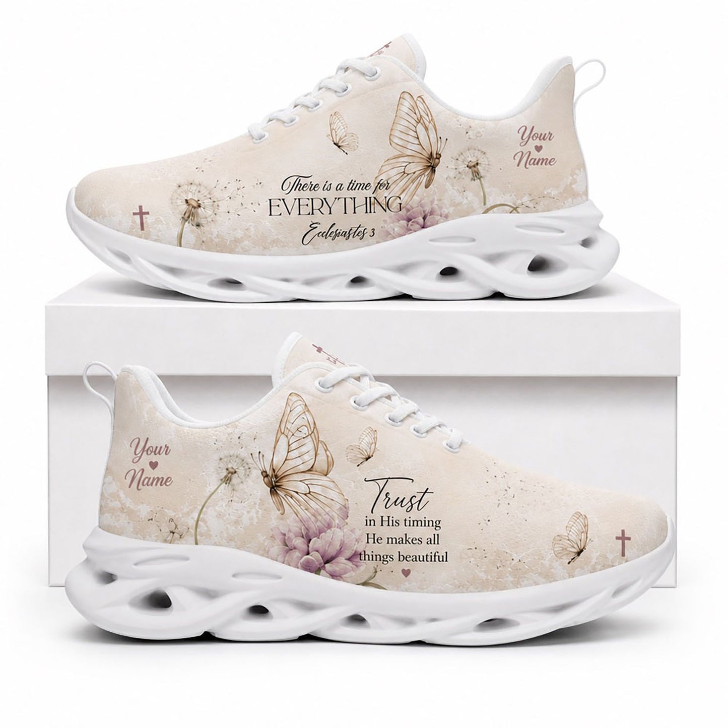 Side profile of Custom Name Ecclesiastes 3 Max Soul Shoes in white sole featuring vintage butterflies and dandelions