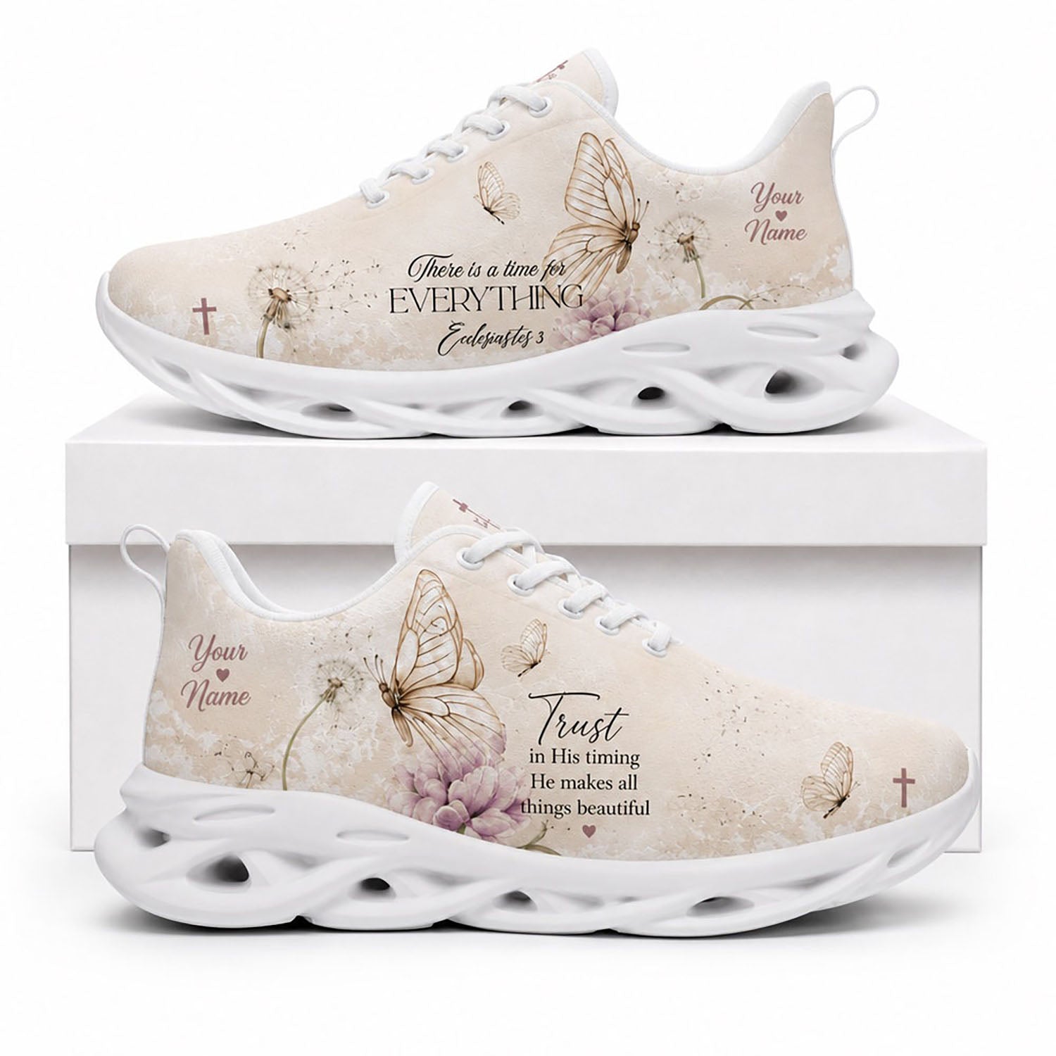 Side profile of Custom Name Ecclesiastes 3 Max Soul Shoes in white sole featuring vintage butterflies and dandelions