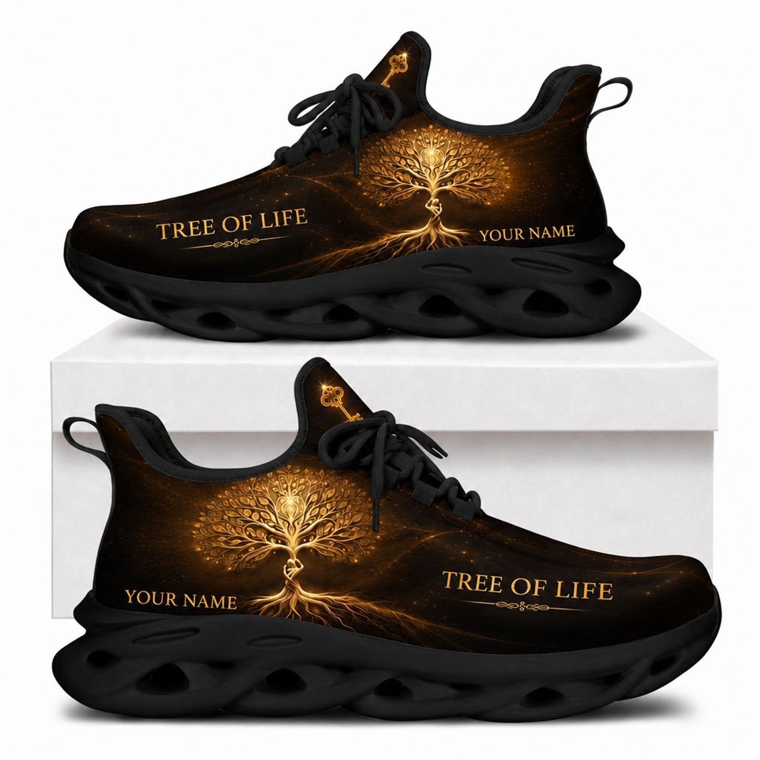 Side view of custom name Tree of Life Max Soul shoes featuring a glowing golden sacred tree and a solid black wavy sole