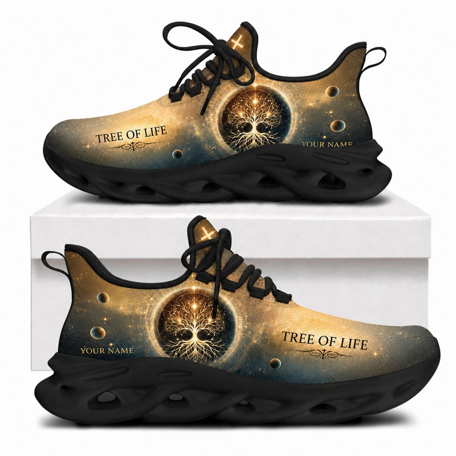 Tree of Life cosmic sneakers with glowing cross details and a solid black wavy sole