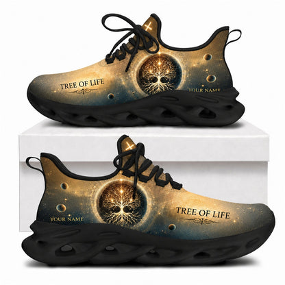 Tree of Life cosmic sneakers with glowing cross details and a solid black wavy sole