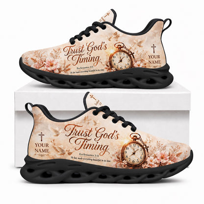 Side view of Custom Name Trust Gods Timing Max Soul Shoes in black sole showing the custom name area