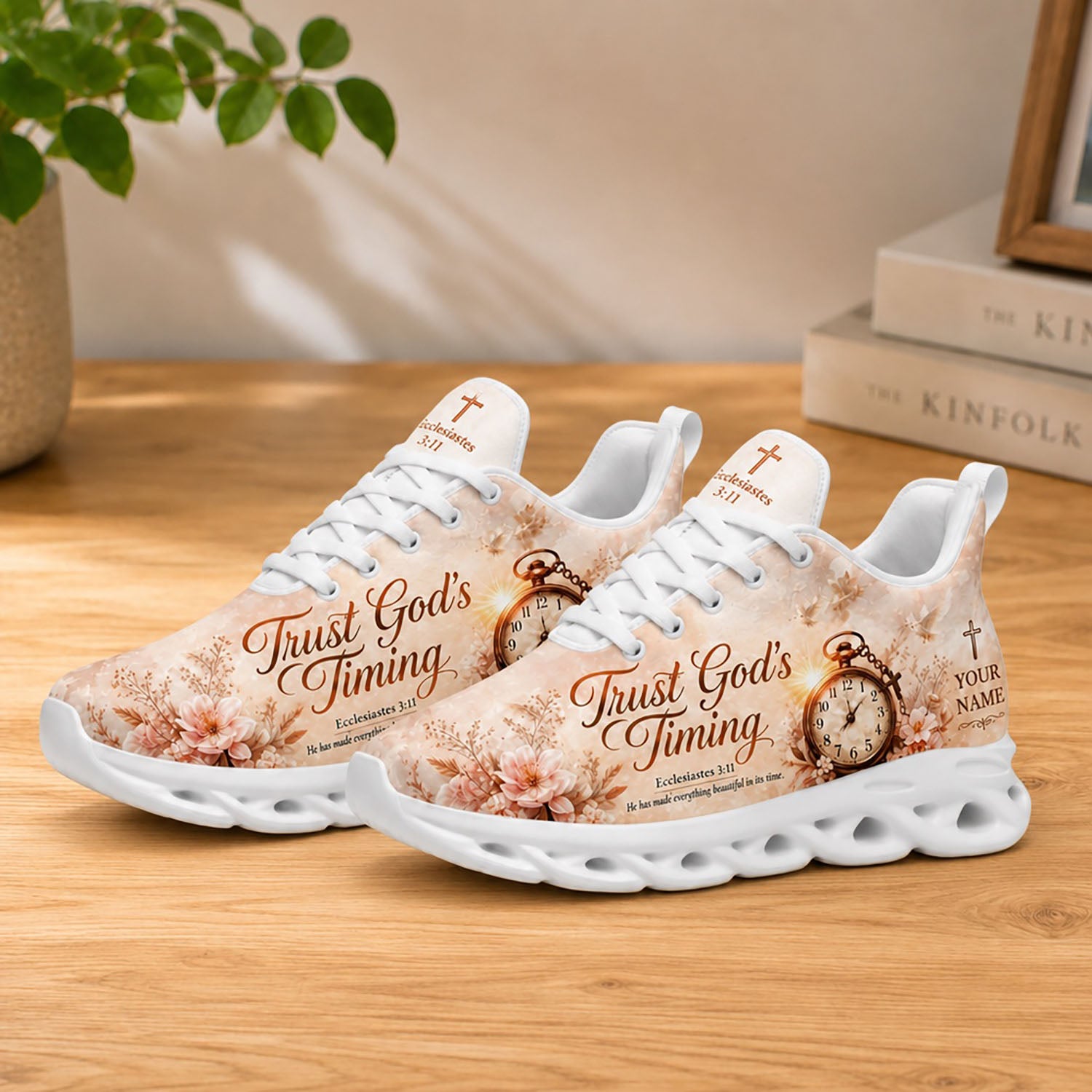 Lifestyle display of Custom Name Trust Gods Timing Max Soul shoes with white soles styled on a modern wooden table