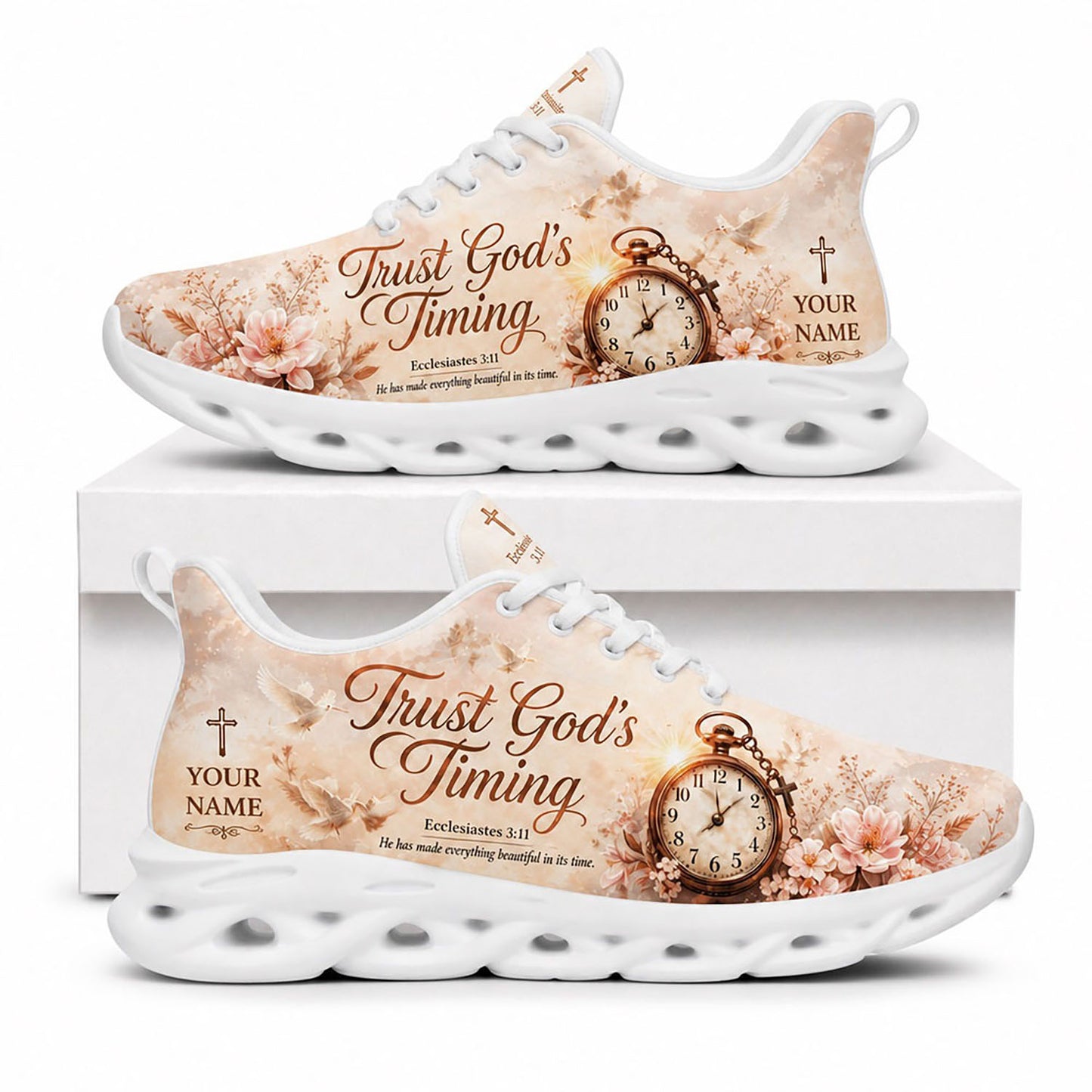 Side view of Custom Name Trust Gods Timing Max Soul Shoes in white sole featuring vintage clock and floral design