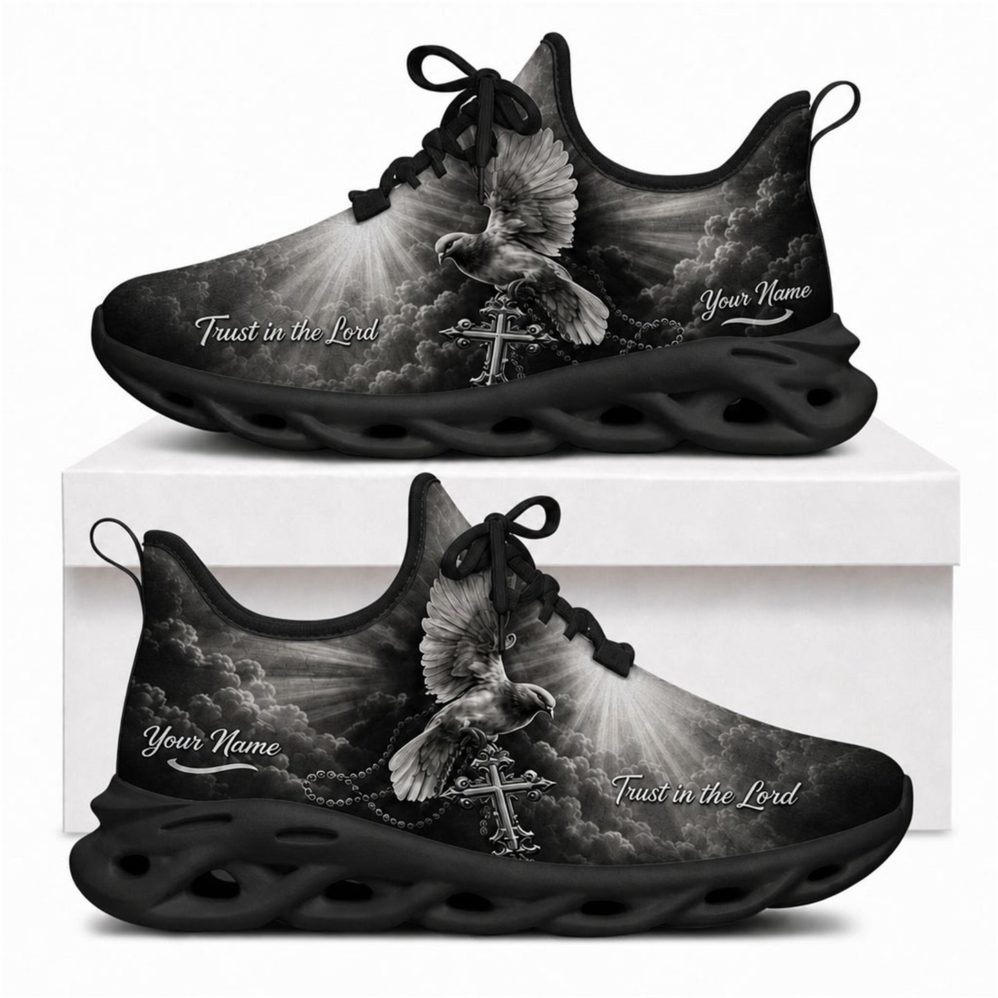 Black-soled Christian shoes featuring a holy dove, cross, rosary design, and "Trust in the Lord" text
