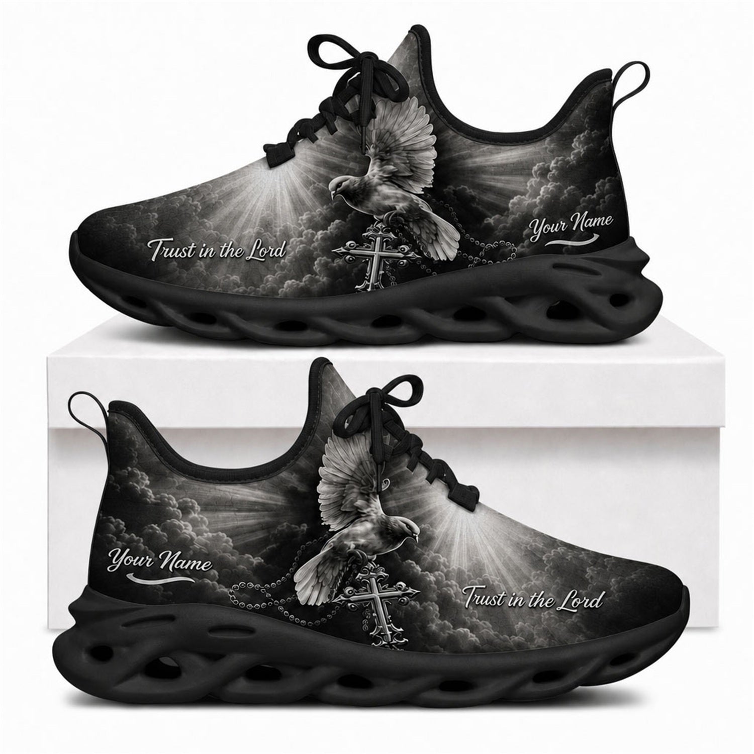 Black-soled Christian shoes featuring a holy dove, cross, rosary design, and "Trust in the Lord" text