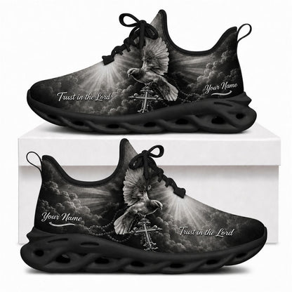 Black-soled Christian shoes featuring a holy dove, cross, rosary design, and "Trust in the Lord" text