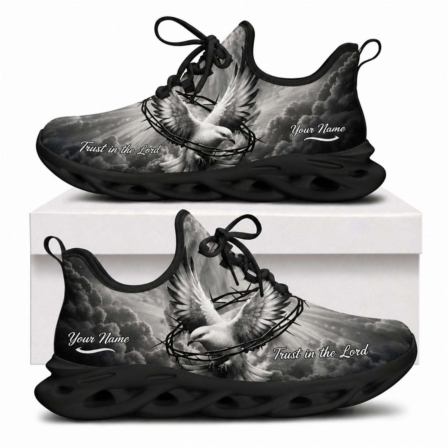 Black-soled Christian shoes featuring a holy dove flying through a crown of thorns with faith scripture