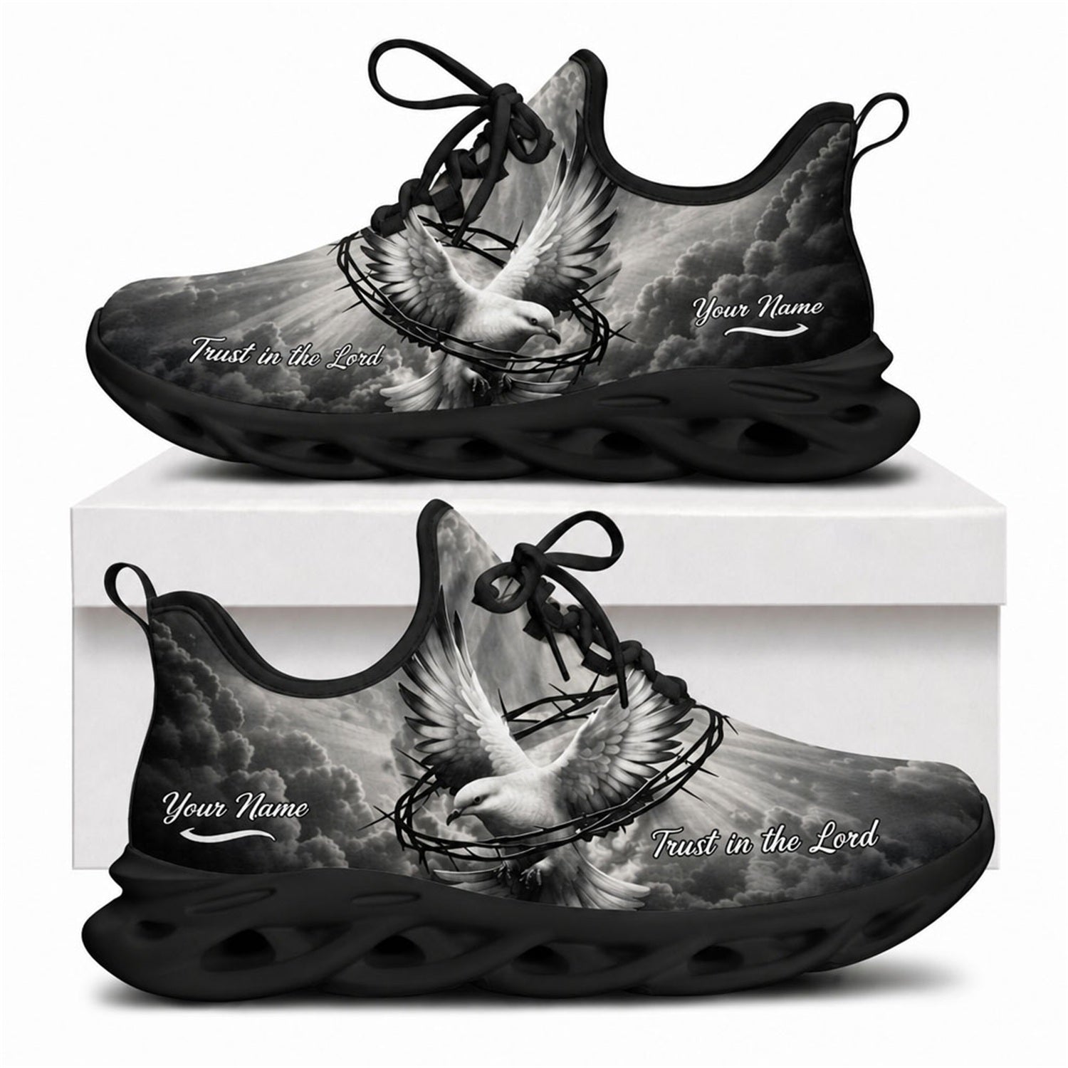 Black-soled Christian shoes featuring a holy dove flying through a crown of thorns with faith scripture