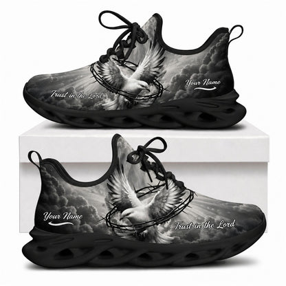 Black-soled Christian shoes featuring a holy dove flying through a crown of thorns with faith scripture