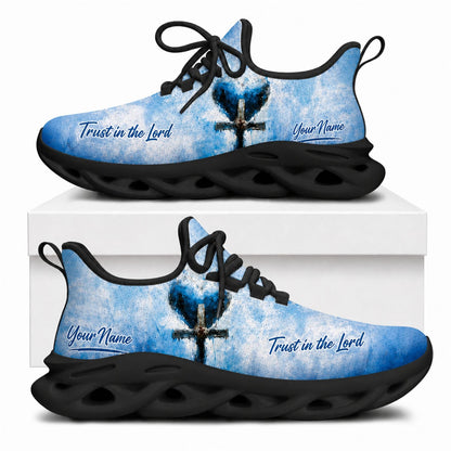 Trust in the Lord Christian shoes featuring a blue crystal heart cross design and black wavy soles
