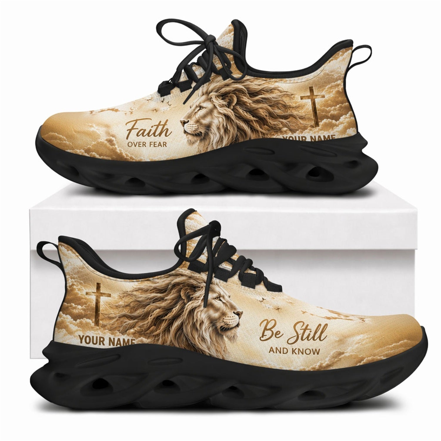 Vintage sepia lion Christian shoes featuring heavenly cloud art, wooden cross, and black wavy soles