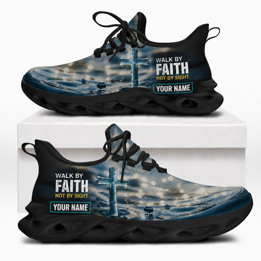 Side profile view of custom name Walk By Faith Max Soul shoes featuring a glass holy cross on water with a solid black wavy sole