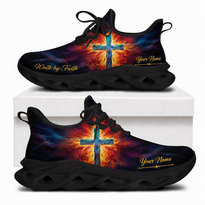 Christian sneakers featuring a glowing blue cross in an explosion of light with "Walk by Faith" text on black soles