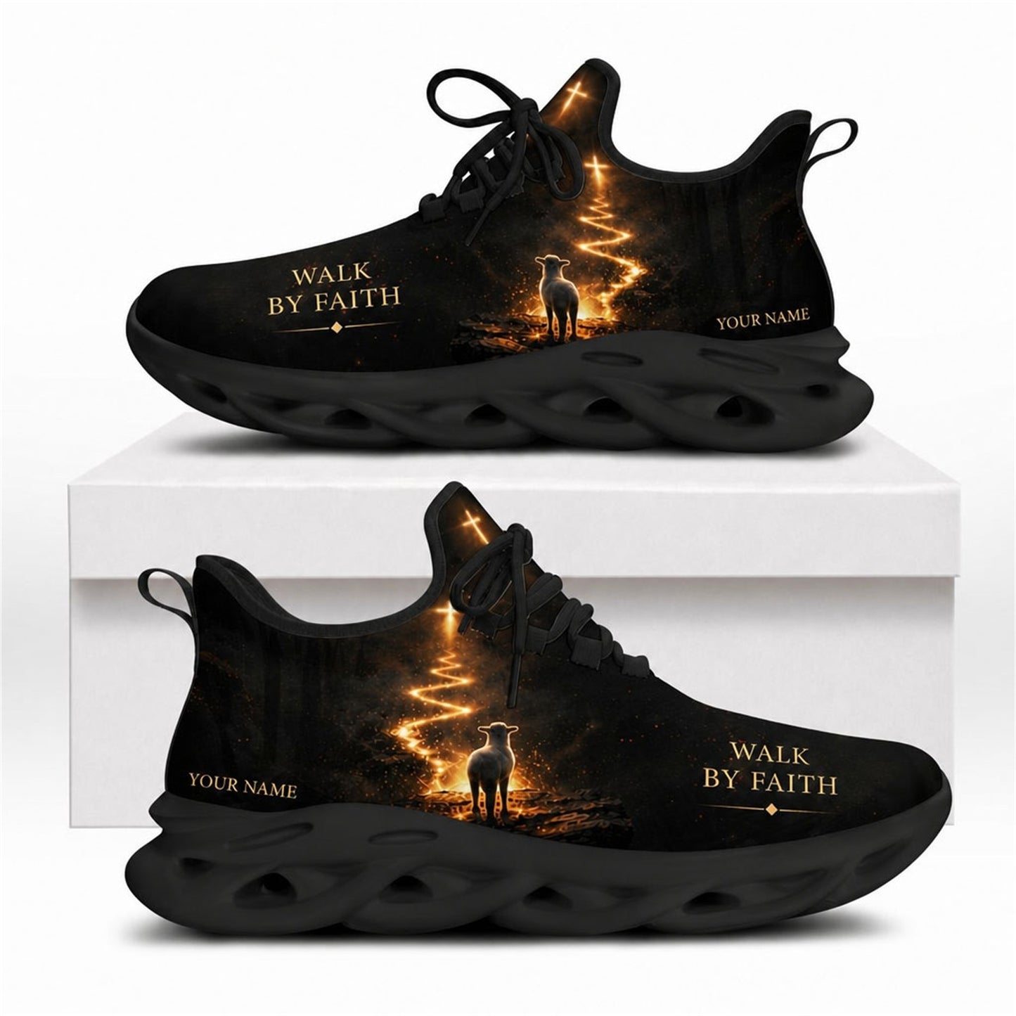 Christian sneakers featuring lamb and glowing cross path design, "Walk By Faith" text, black wavy soles