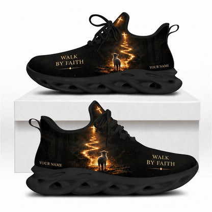Christian sneakers featuring lamb and glowing cross path design, "Walk By Faith" text, black wavy soles
