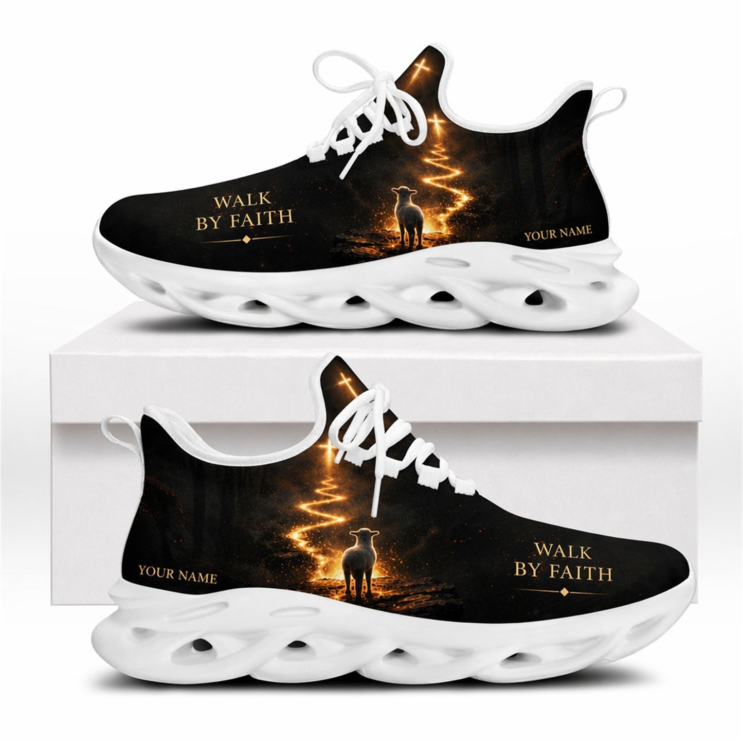 Side view of faith-based sneakers with glowing cross path and white outsoles