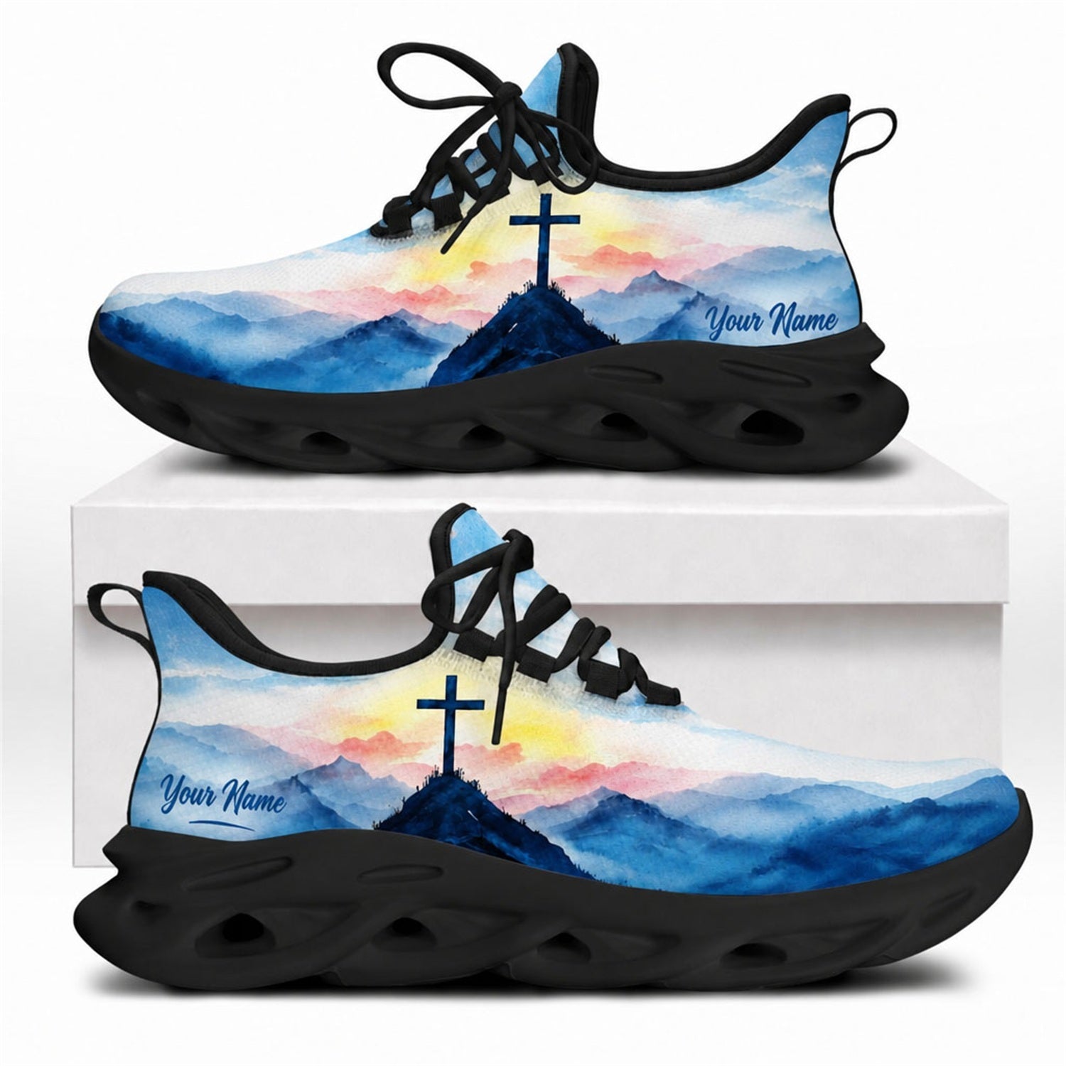 Watercolor mountain cross Christian shoes with a beautiful sunset landscape art and black wavy soles