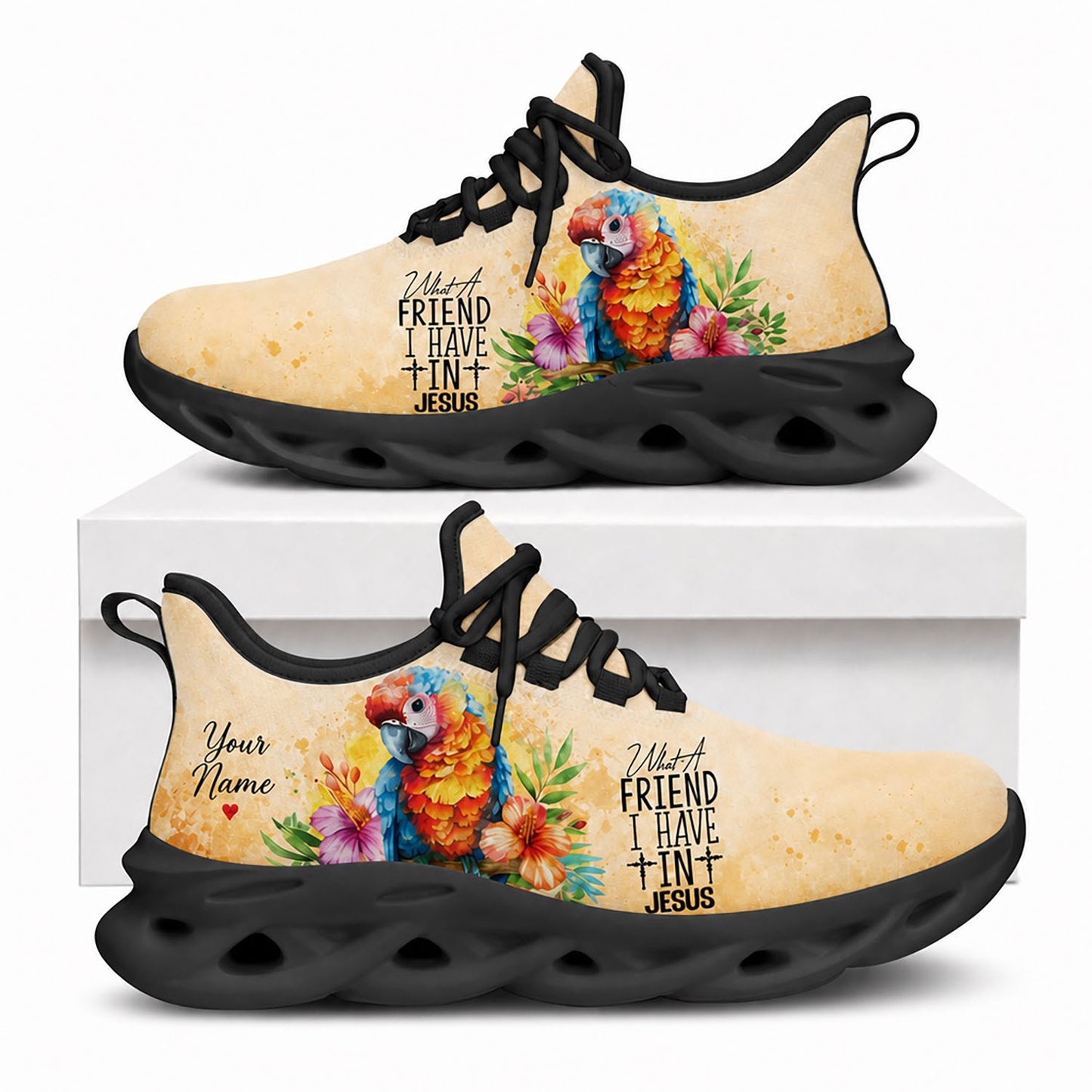 Side view of Custom Name What A Friend I Have In Jesus Max Soul Shoes in black sole showing the custom name area