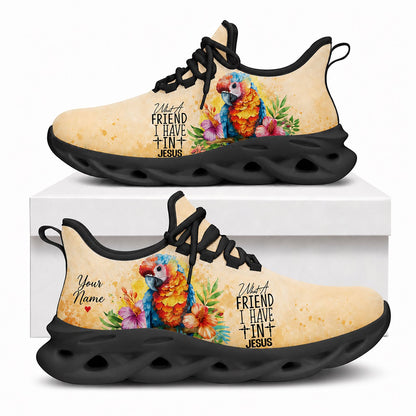Side view of Custom Name What A Friend I Have In Jesus Max Soul Shoes in black sole showing the custom name area