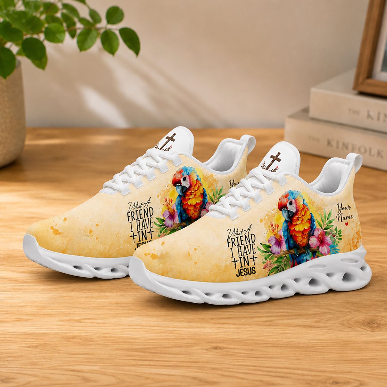 Lifestyle display of Custom Name What A Friend I Have In Jesus Max Soul shoes with white soles styled on a wooden table