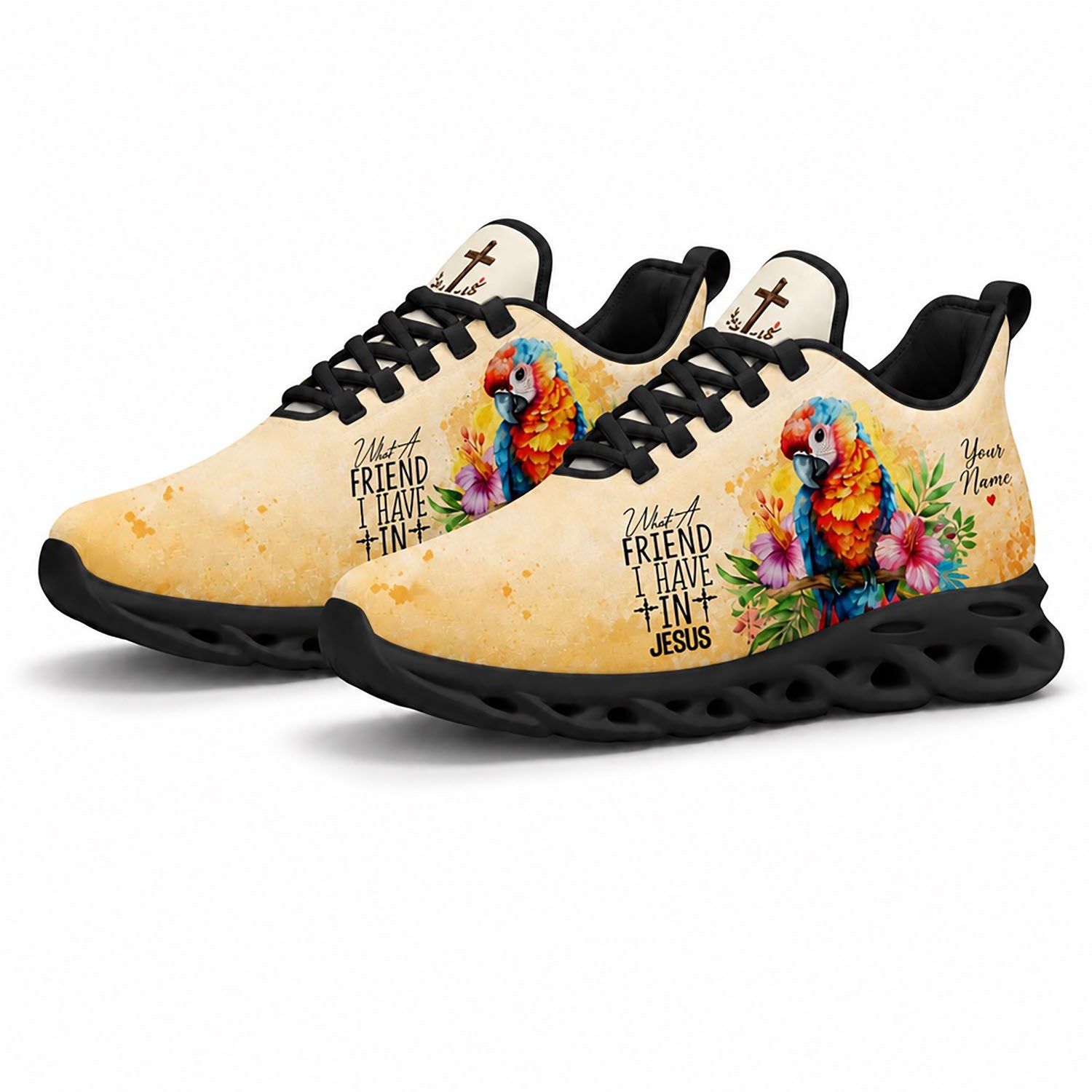 Pair of Christian parrot sneakers featuring tropical hibiscus prints with dynamic black soles