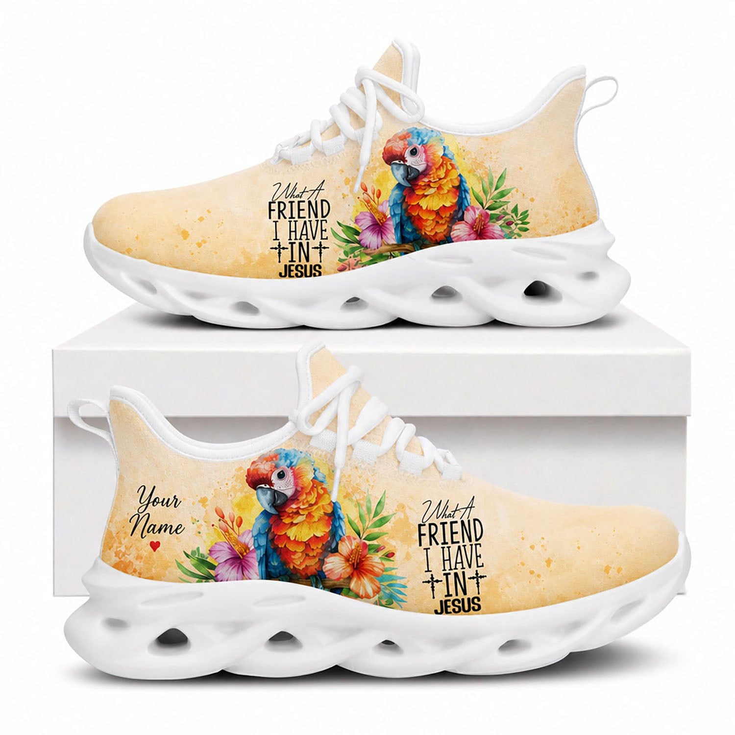 Side view of Custom Name What A Friend I Have In Jesus Max Soul Shoes in white sole featuring colorful parrot and floral graphics
